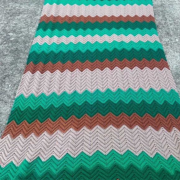 Other - Vintage 1970s Afghan Blanket Chevron Retro Greens, Brown And Cream